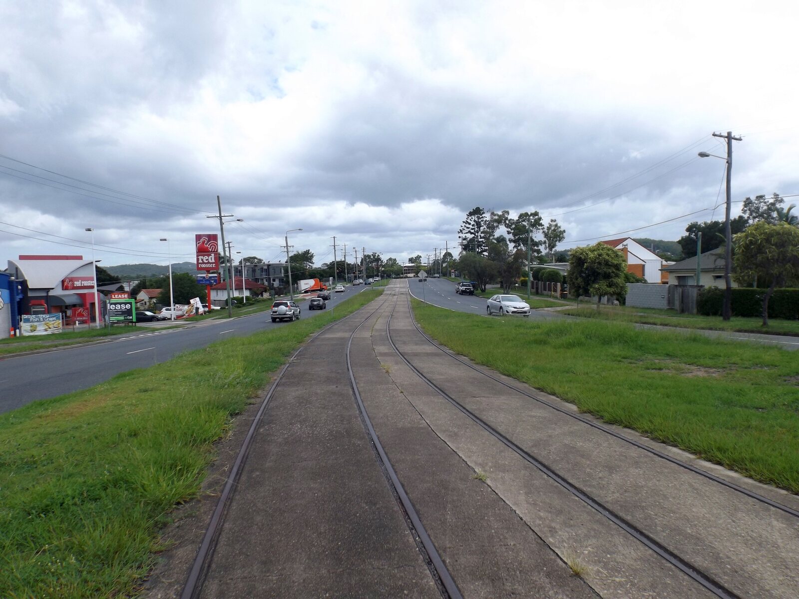 Old Cleveland Road at Carina with surviving historic tram tracks in the median